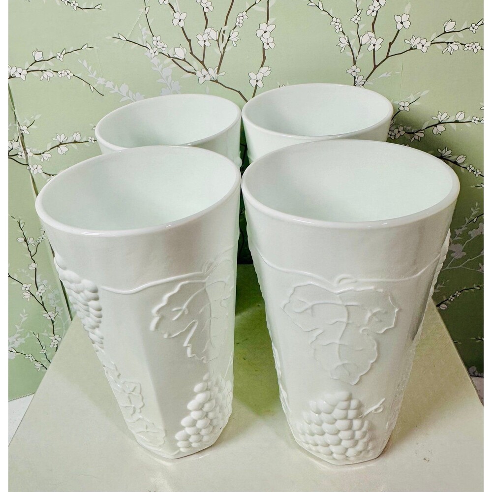 Vintage Indiana Glass Colony Harvest Milk Glass Tumblers – Set of 4 Grape & Vine